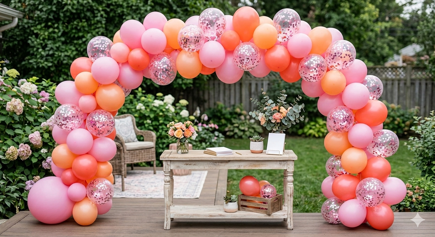Pink and Orange Balloon Arch 12in Pink Confetti Balloons