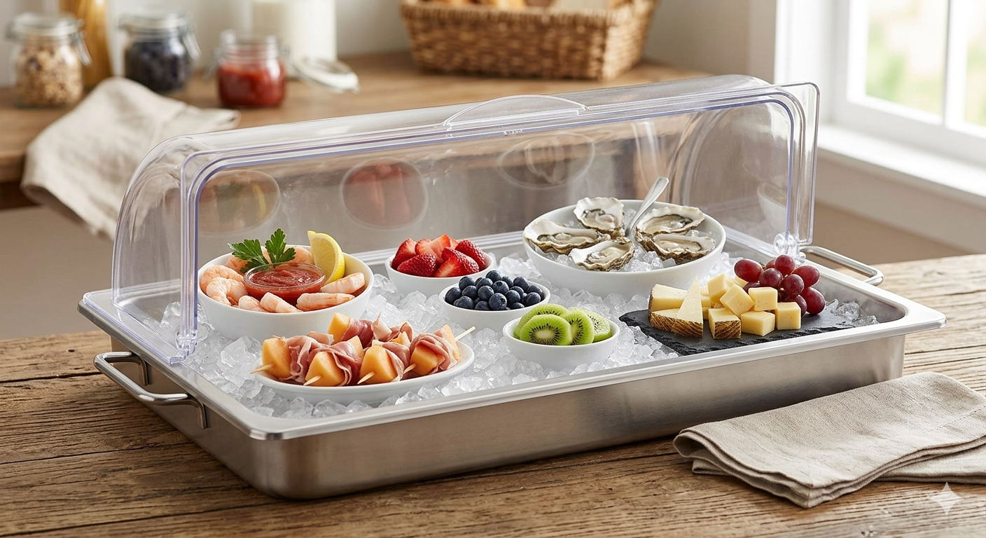 Ice Food Serving Display Tray with Clear Roll Top Cover