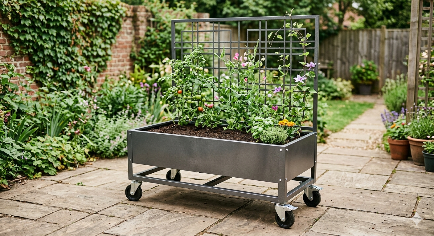 Metal Raised Garden Bed with Trellis and Wheels