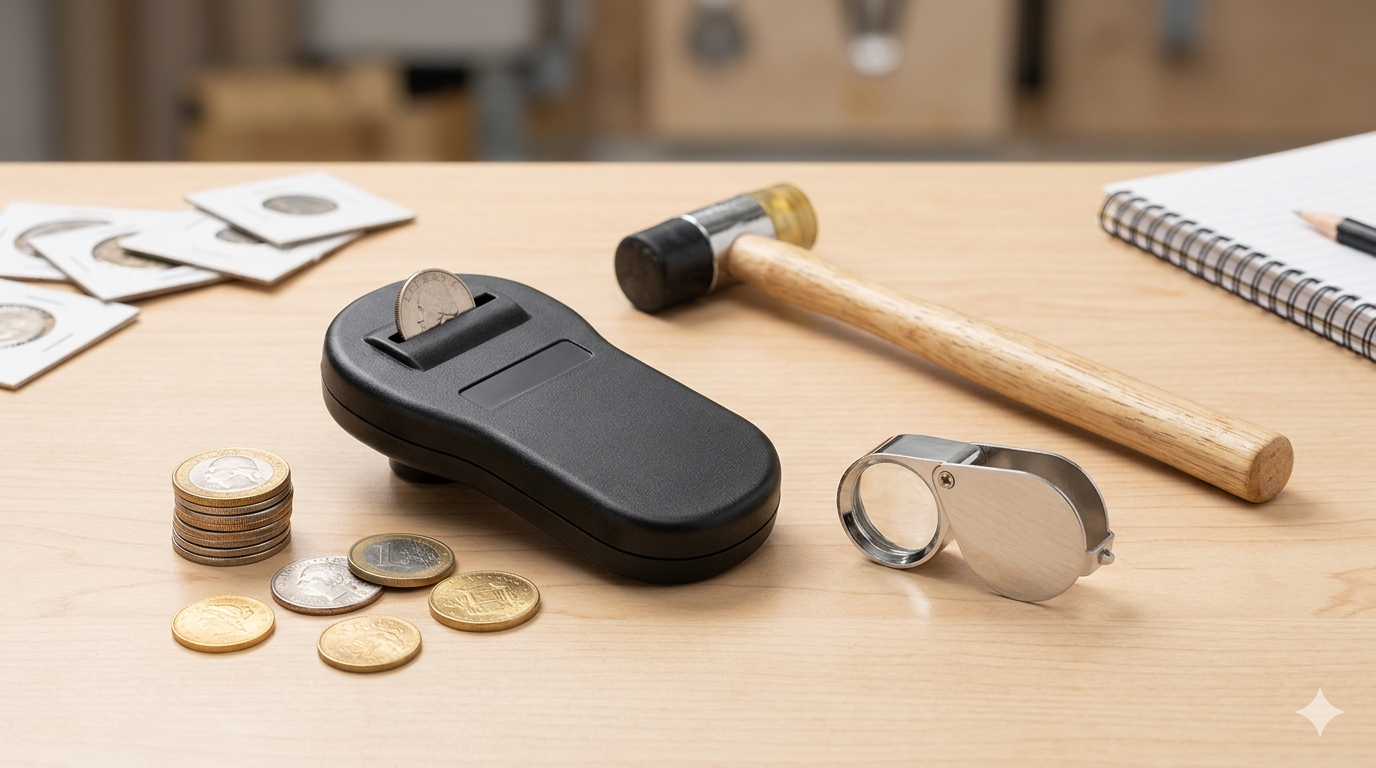 Pocket Pinger Coin Tester Coin Ping Tester Kit with Hammer and Magnifying Glass