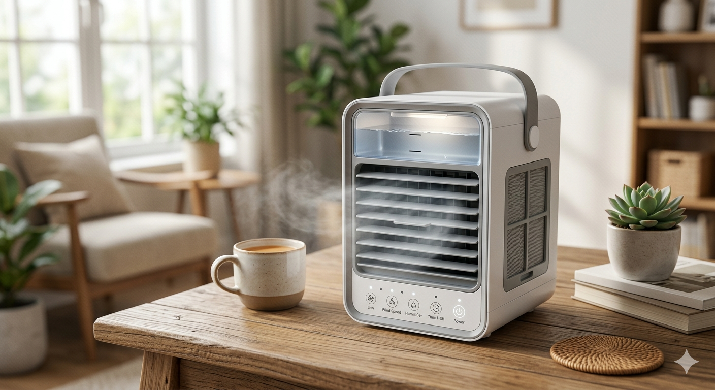 Air Cooler, 4 in 1 Air Conditioner with Humidifier 600ML 3 Wind Speeds & 1-3H Timer, Personal Air