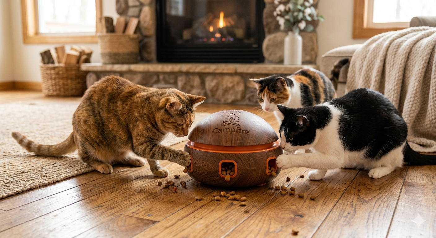 Campfire Cat Treat Dispensing, Cats Treat Toy Interactive Slow Feeder with 3 Food Outlet