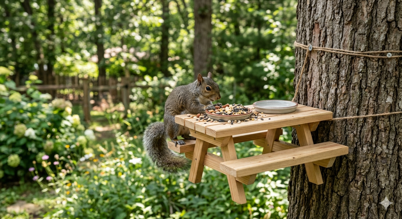 Squirrel Feeder Table, Wooden Squirrel Picnic tbale Feeder