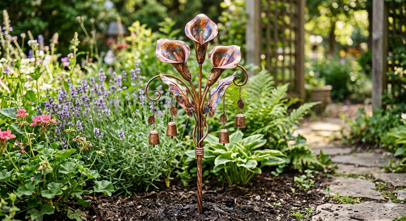 2026 Flamed Copper Three Calla Lilies Garden Stake with Bells
