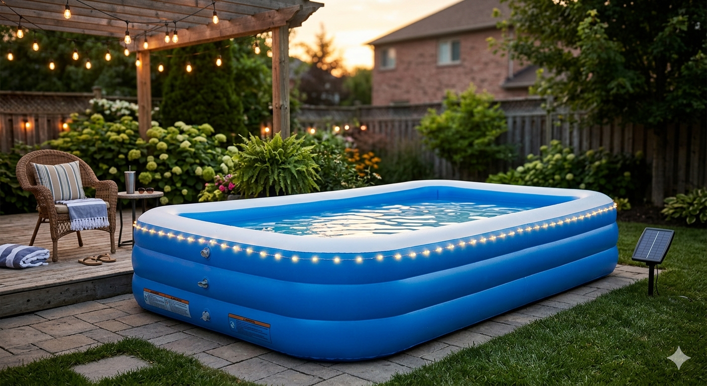 Solar Powered Large Inflatable Pool with Lights - 145" x 74" x 22" Oversized Family Blow Up Swimming Pool