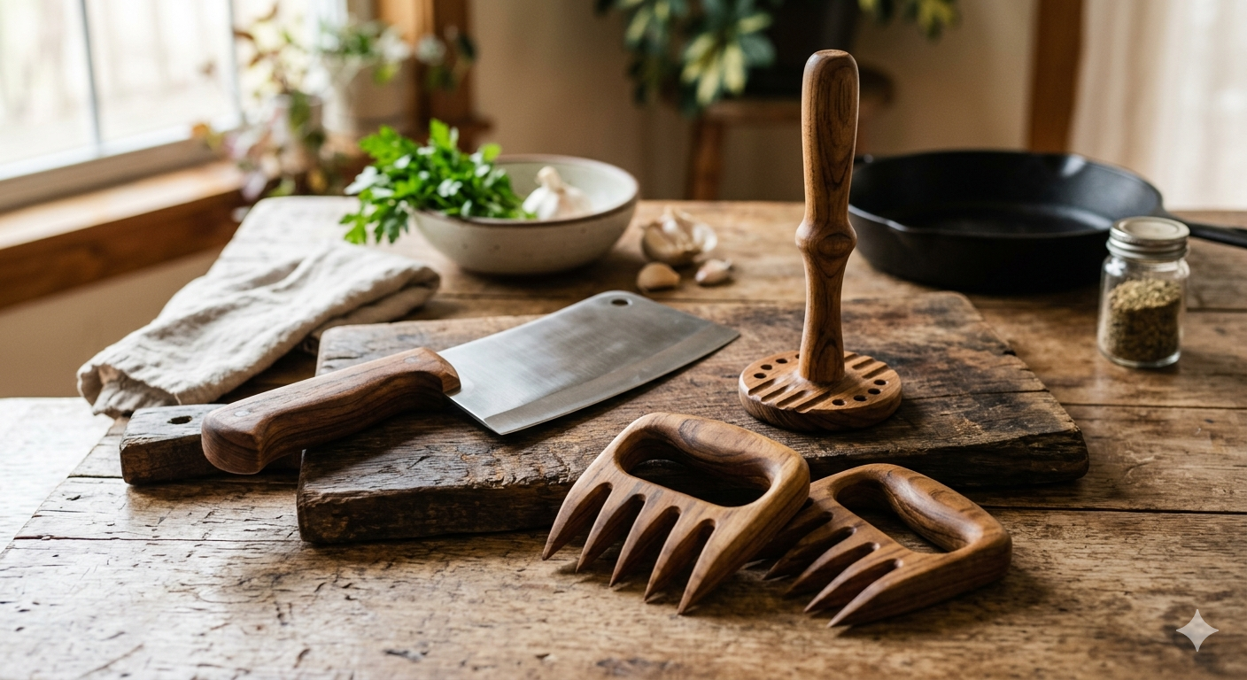 Teak Wood Meat Chopper, Ground Beef Masher, Chicken Shredder Tool
