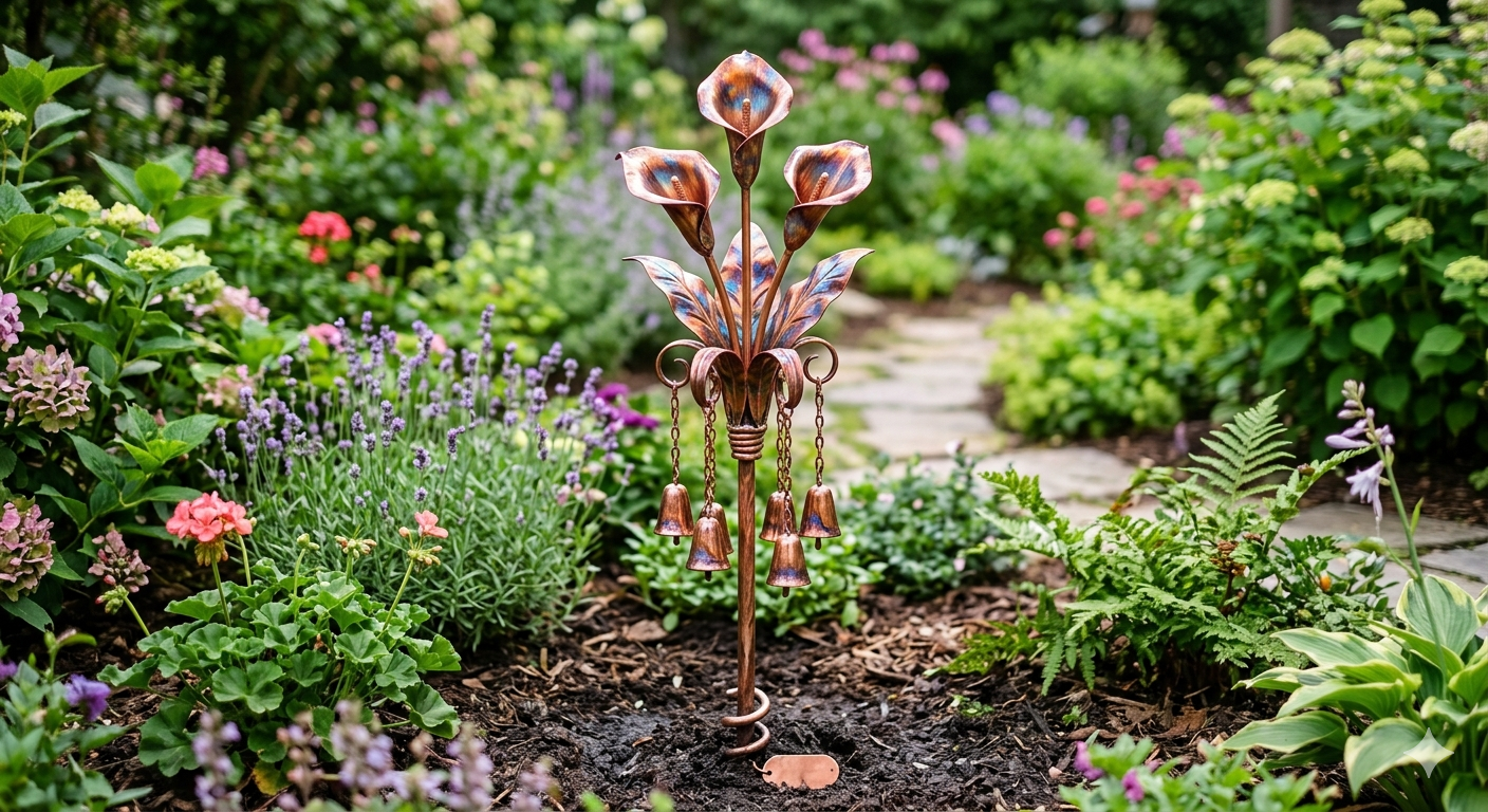 2026 Flamed Copper Three Calla Lilies Garden Stake with Bells