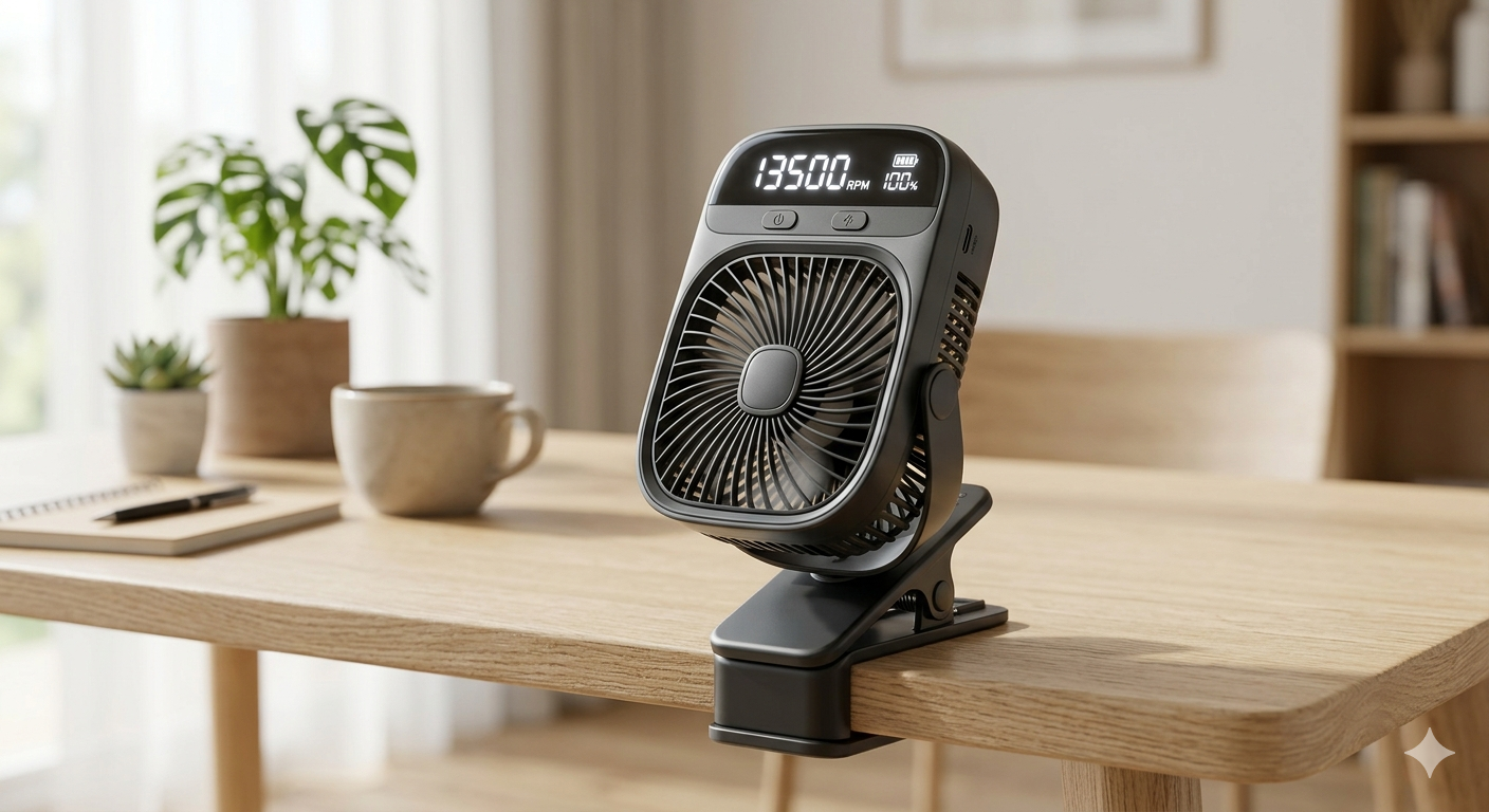 Clip-On Portable Fan, 13500 RPM Rechargeable Handheld Mini Fan with LED Display