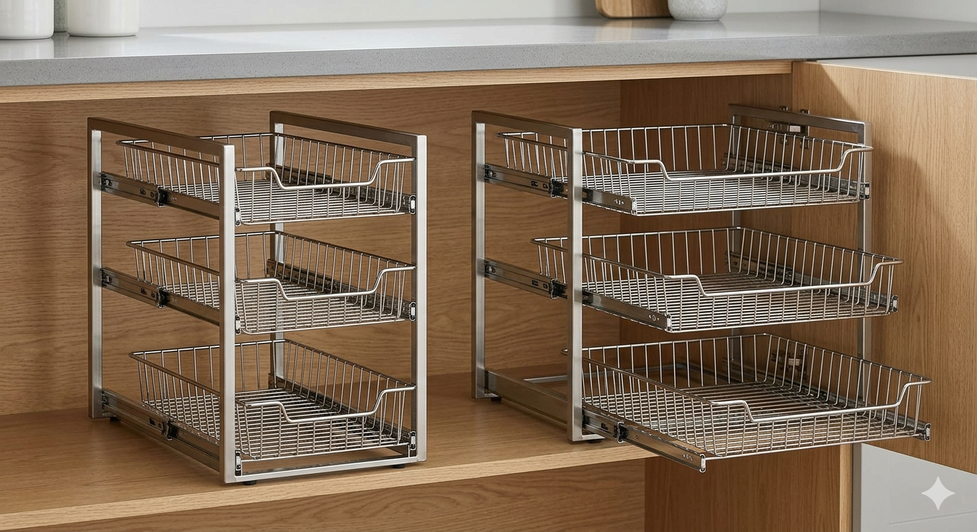 2-Pack Expandable Pull Out Cabinet Organizer 21"Deep(12.2"-20.5"W), 3 Full Extension Glides Slide Out Drawers