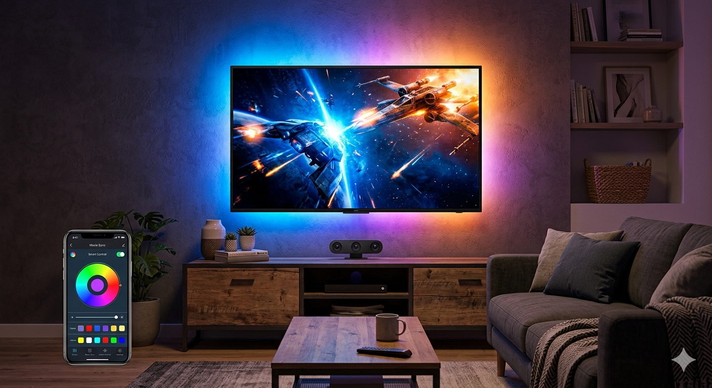 TV LED Backlight with Triple Sensor, 14.7ft RGB LED Strip Lights That Change with 55-65 Inch Screen, Smart App Control, Music Sync, for Home Decoration - Upgraded Version