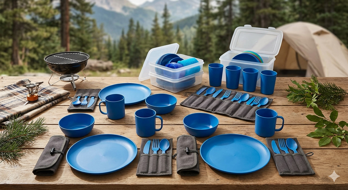 45Pcs Camping Cutlery Sets for 4, Plastic Dinner Set