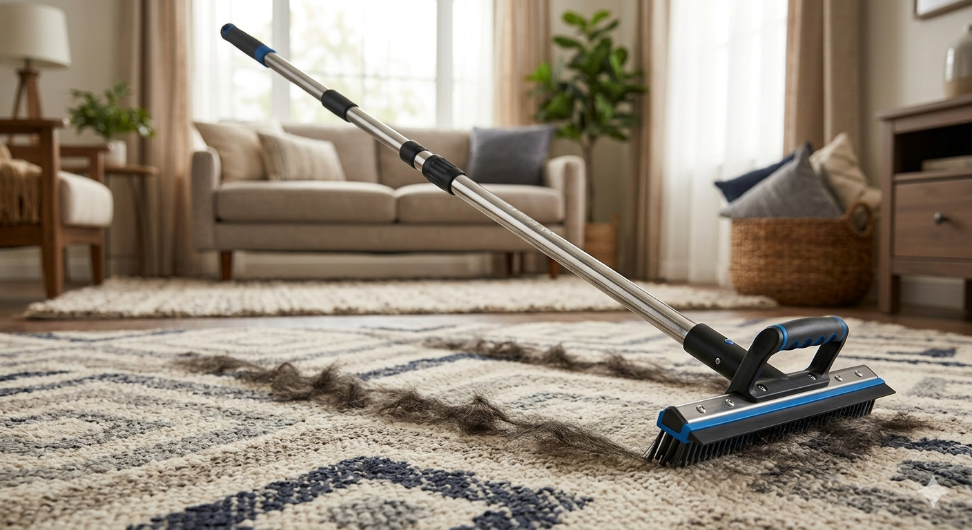 Carpet Rake for Pet Hair Removal, Reusable Pet Hair Remover with 60” Adjustable Long Handle