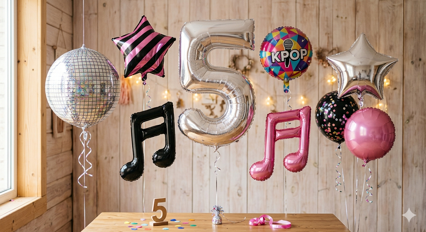 9PCS KPOP Birthday Balloon Decorations, 40 Inch Music Number 5 Balloon with Disco Ball & Music Note Balloons