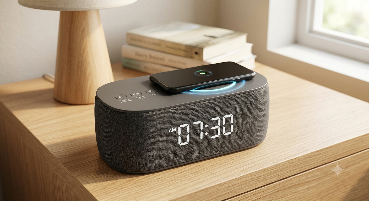 Alarm Clock with Wireless Charging and Sound Machine