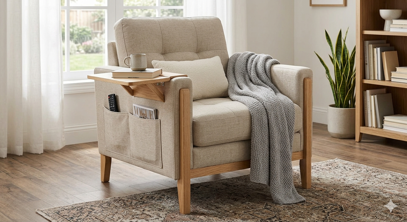 Accent Chair for Living Room Modern Linen Upholstered Armchair Side Wooden Fabric Sofa Chair with Foldable Table 2 Side Pockets Comfy Reading Chair for Bedroom
