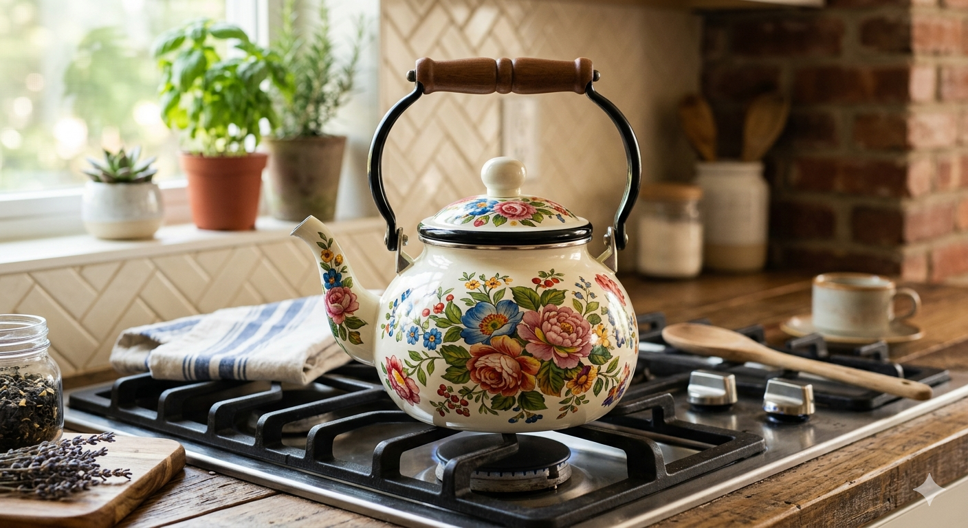 Floral Ceramic Enamel Teapot Tea Kettle for Stovetop