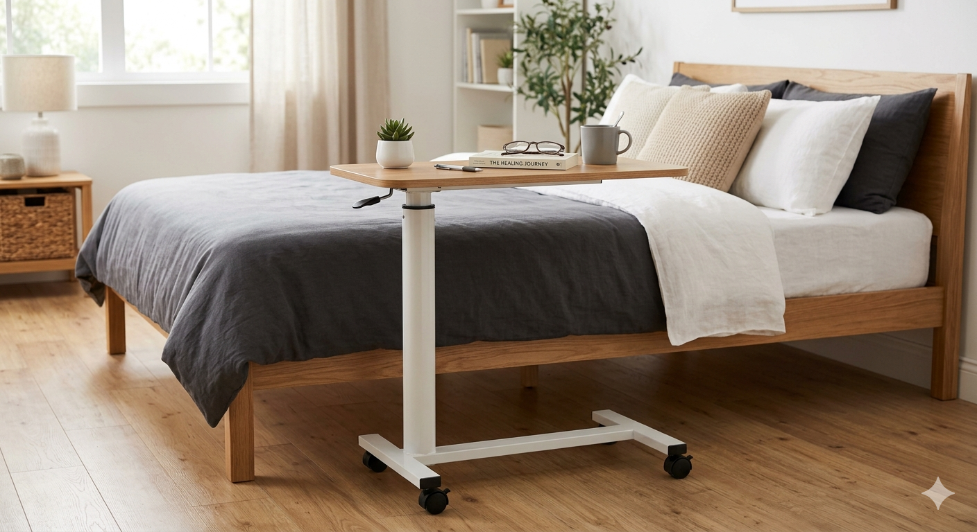 Pneumatic Adjustable Overbed Bedside Table with Wheels