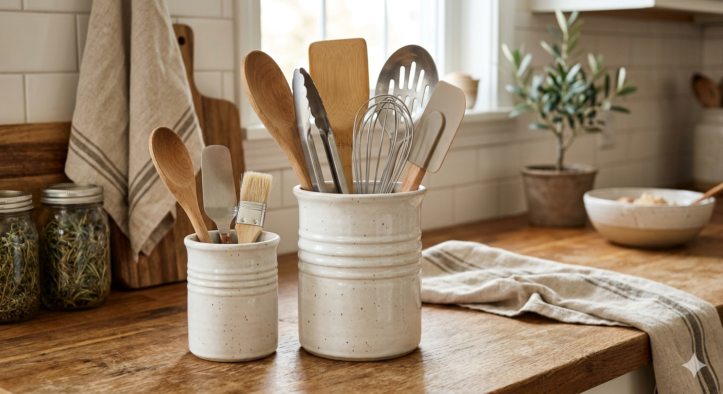 Utensil Holder, 7.3"+5.3" Ceramic Cooking Utensil Holder for Kitchen Counter