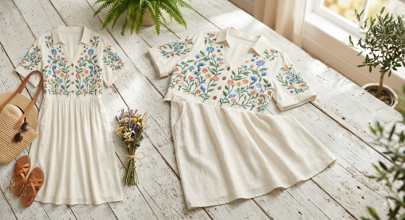 Women's Summer Linen Dresses Knee Length Floral Embroidered Dresses with Pockets Boho Gauze Short Sleeve Shirt Dress