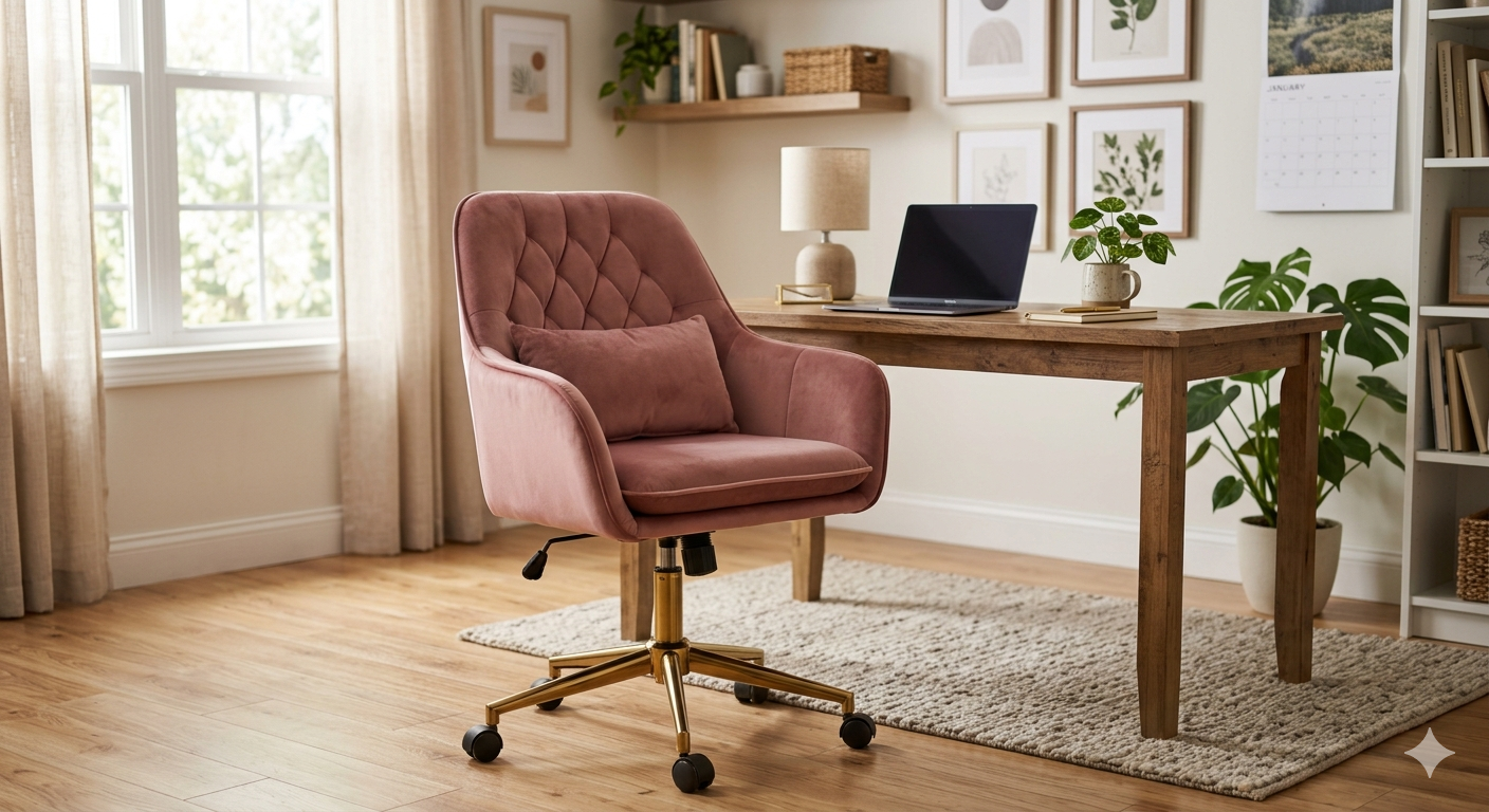 Home Office Desk Chair Comfy with Adjustable Swivel Wheels, Modern Velvet Makeup Vanity Chair with Back & Pillow