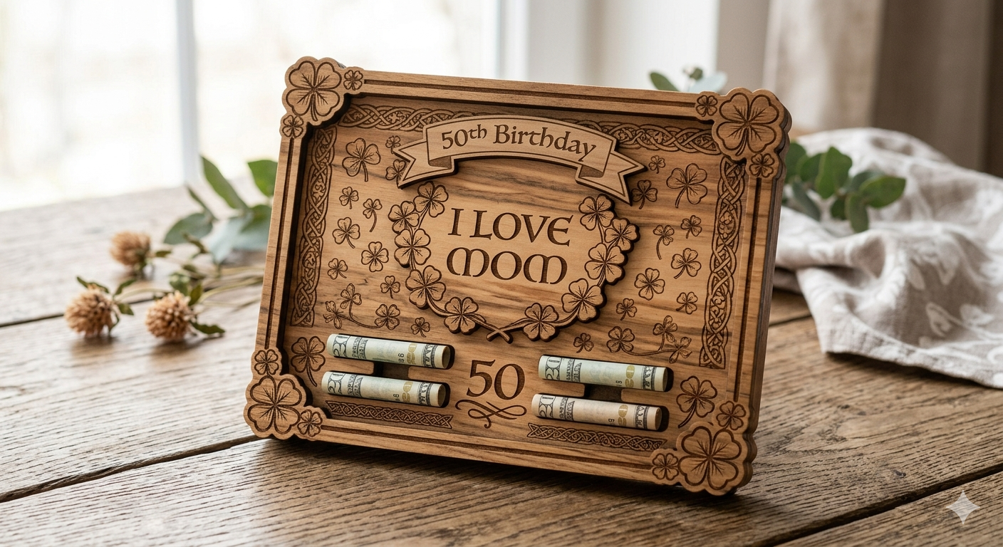 I LOVE MOM 50th Birthday Women Men Clover Lucky 50th Money Gift Birthday Wooden Gift