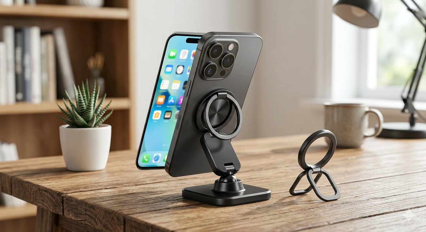 Magnetic Car Phone Mount, 2-in-1 Detachable Ring Stand for Desk & Dashboard