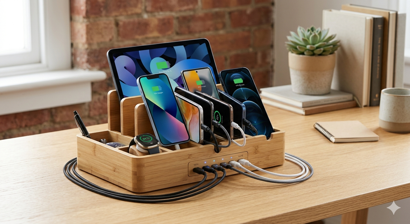 Handy Wood Bamboo Multi Device Smartphone Charging Station 5-Port USB Charging Dock DIY Assemble Organizer Holder
