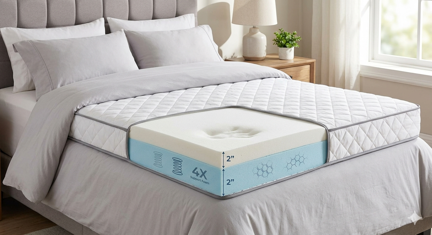 Dual Layer 4 Inch Memory Foam Mattress Topper for Pressure Relief with 4X Support