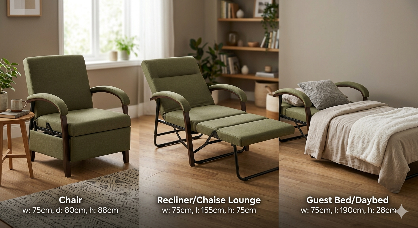 3-in-1 Folding Chair Bed with Armrest