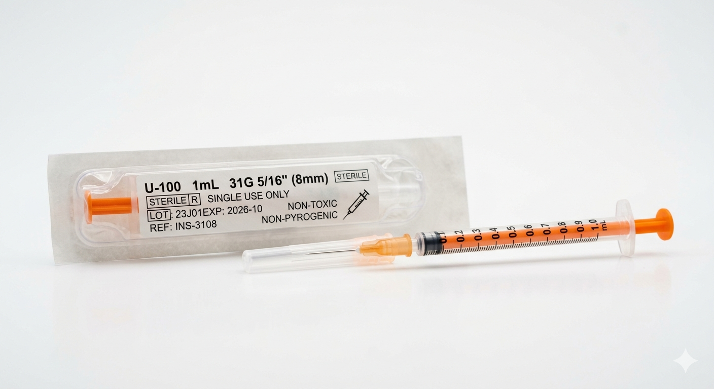 U-100 1ml 31 Gauge 5/16" (8mm) Syringe with Needle, Individually Wrapped
