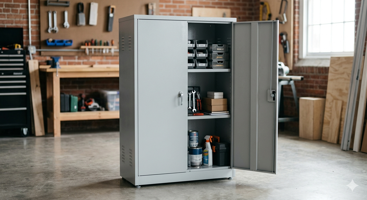 Metal Storage Cabinet With 2 Doors and 3 Adjustable Shelves