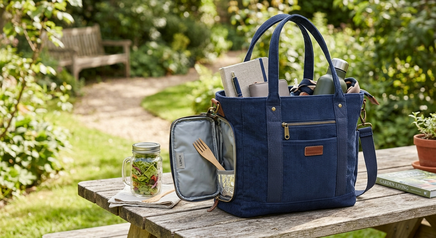 Corduroy Tote Bag for Women with Insulated Lunch Bag Compartment