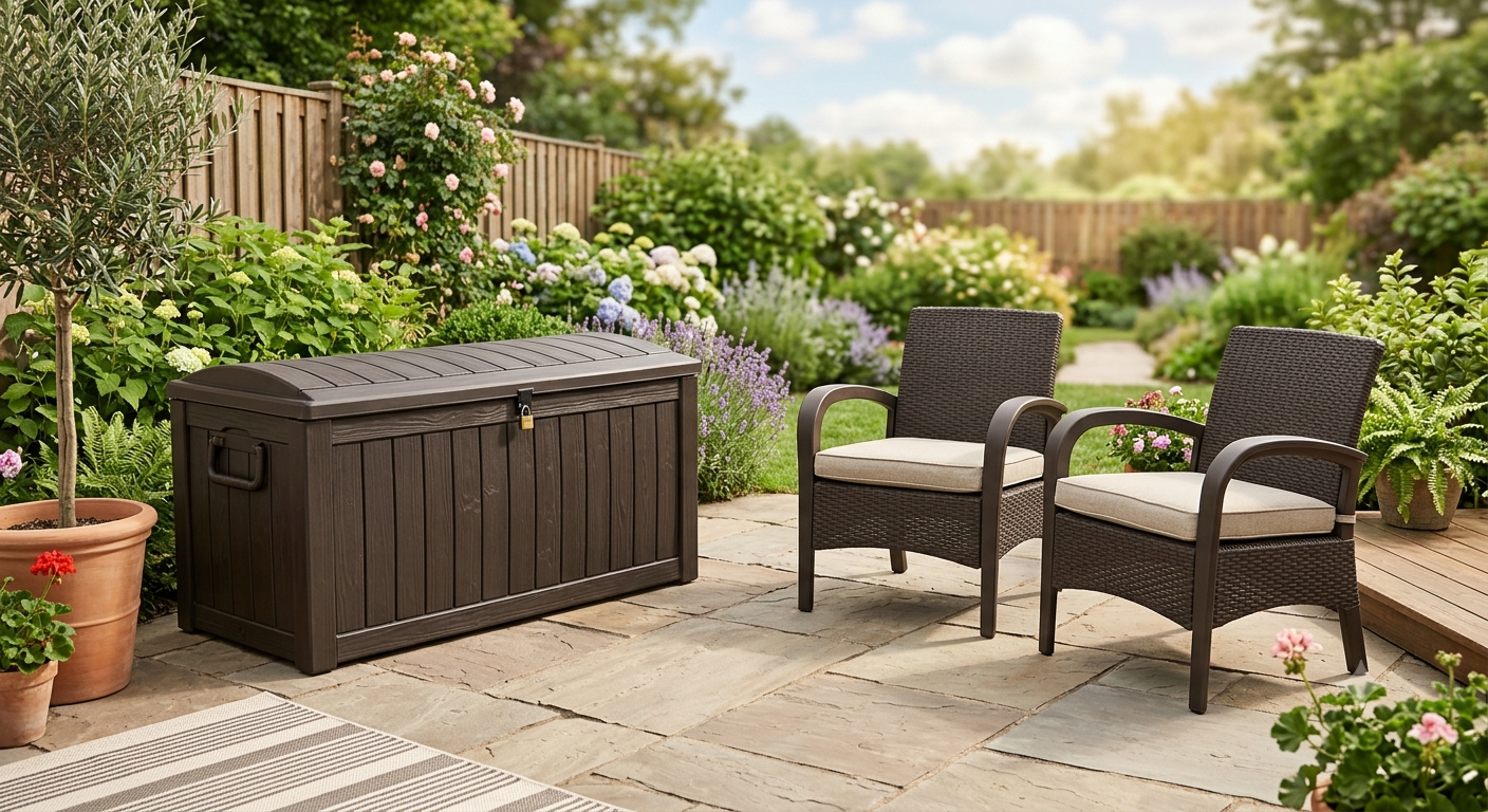 80 Gallon Outdoor Storage Box, Resin Patio Furniture with Armrest