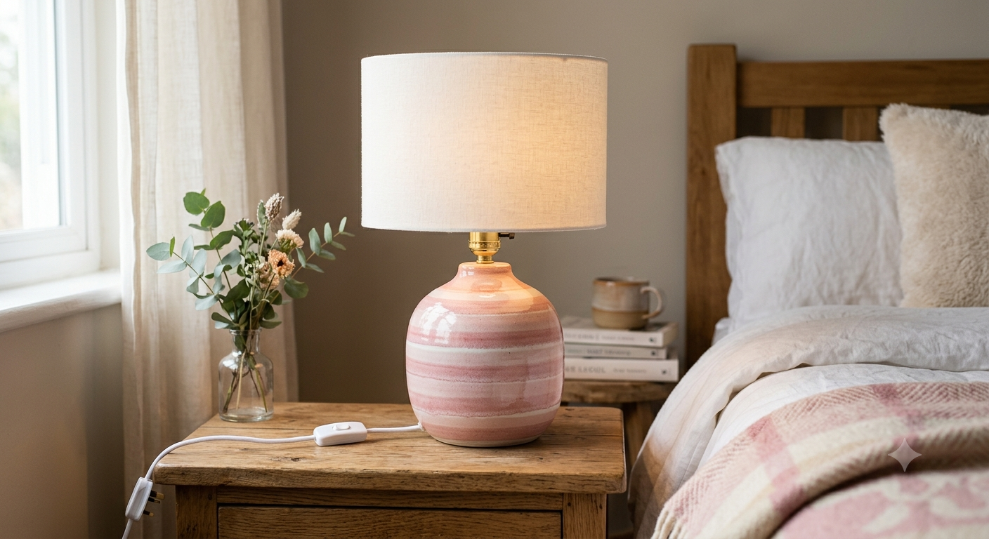 Pink Striped Ceramic Table Lamp or Bedside Light