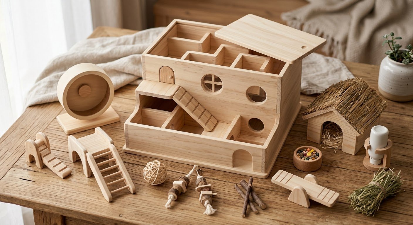 Hamster Toys & Accessories Set – Wooden Maze House