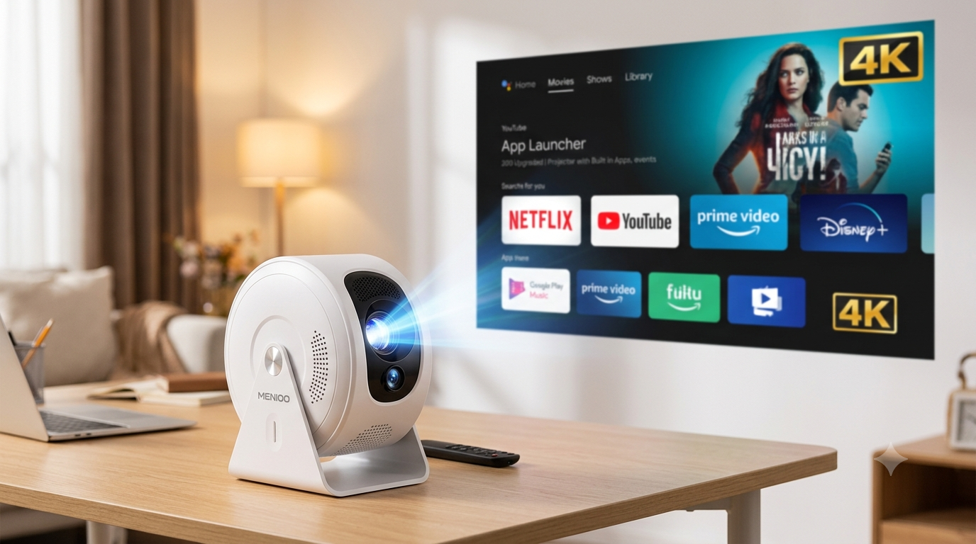MENIOO Mini Projector with Built-In Apps and 4K Support