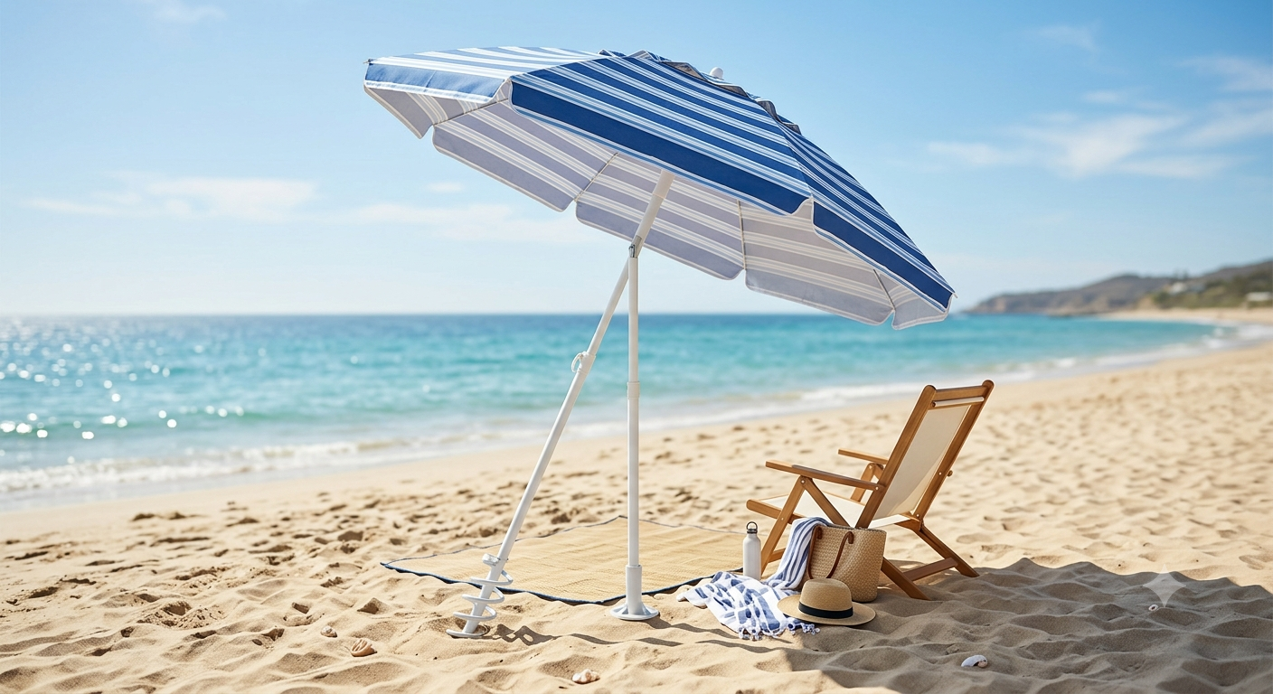 8FT. Large Beach Umbrella with Heavy Duty Sand Anchor & Tilt Sun Shelter