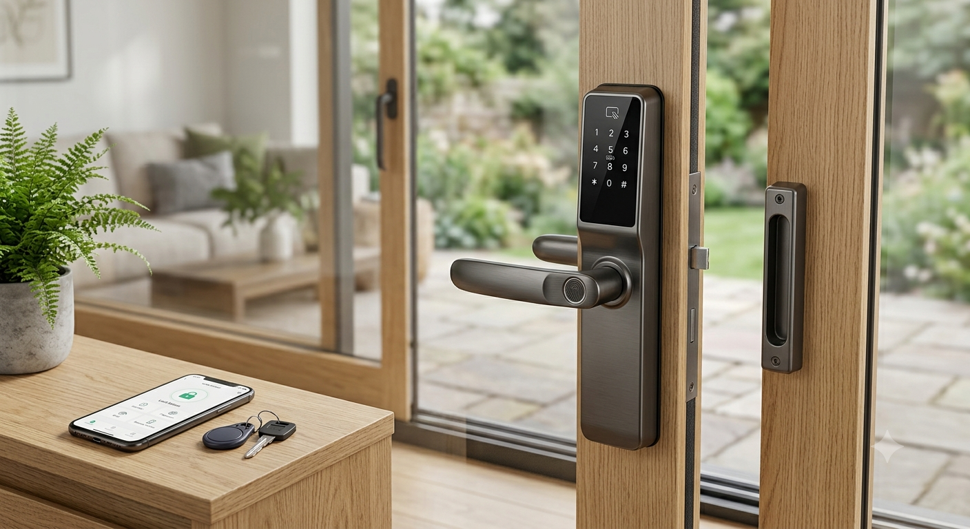 Sliding Door Lock, Smart Door Lock with Fingerprint RFID Keypad Remote App Control
