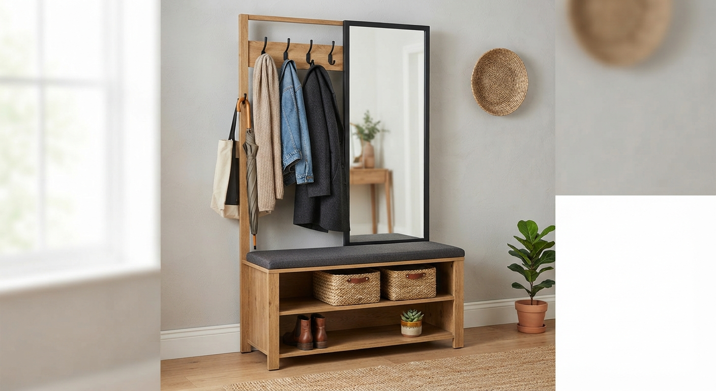 Full Length Mirror with Coat Rack & Storage
