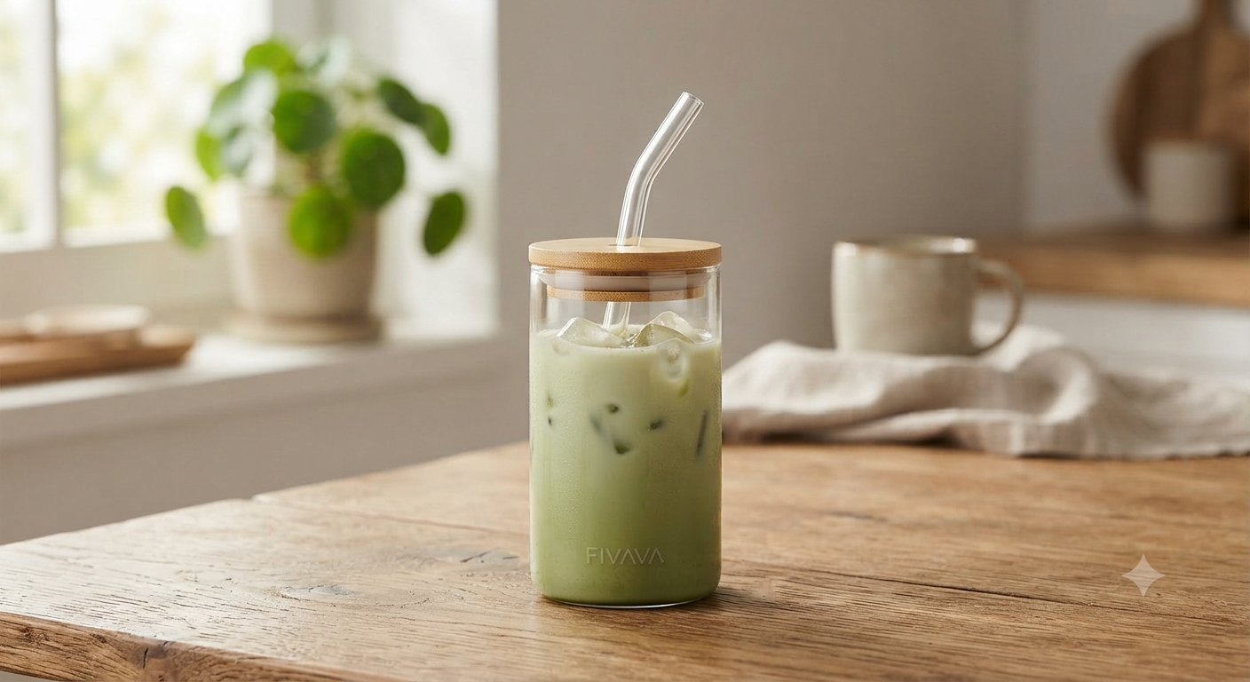 FIVAVA glass cup with straw and lid