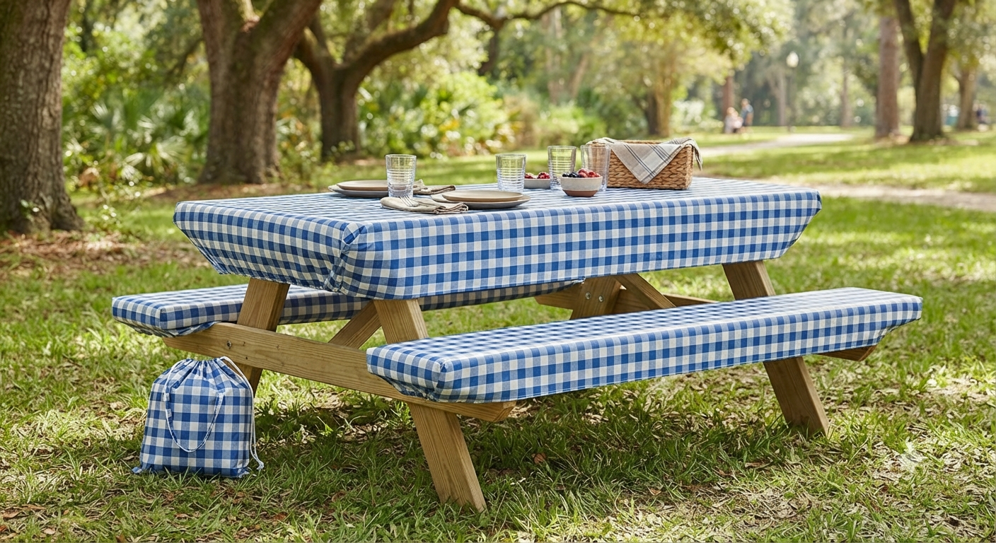 Vinyl Fitted Picnic Table Cover with Bench Covers and Bag