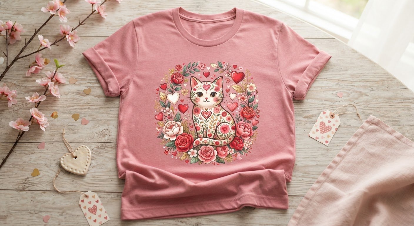Floral Cat Valentines Shirt Women
