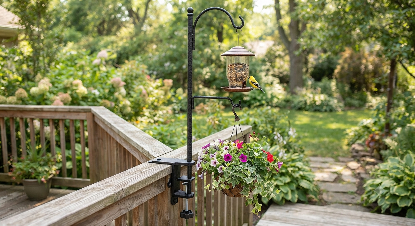 Deck Bird Feeder Hanger with 3in Clamp for Railing 41 Inch Bird Feeder Pole 360 Degree Swivel Plant Hooks for Hanging Baskets Wind Chime Lantern