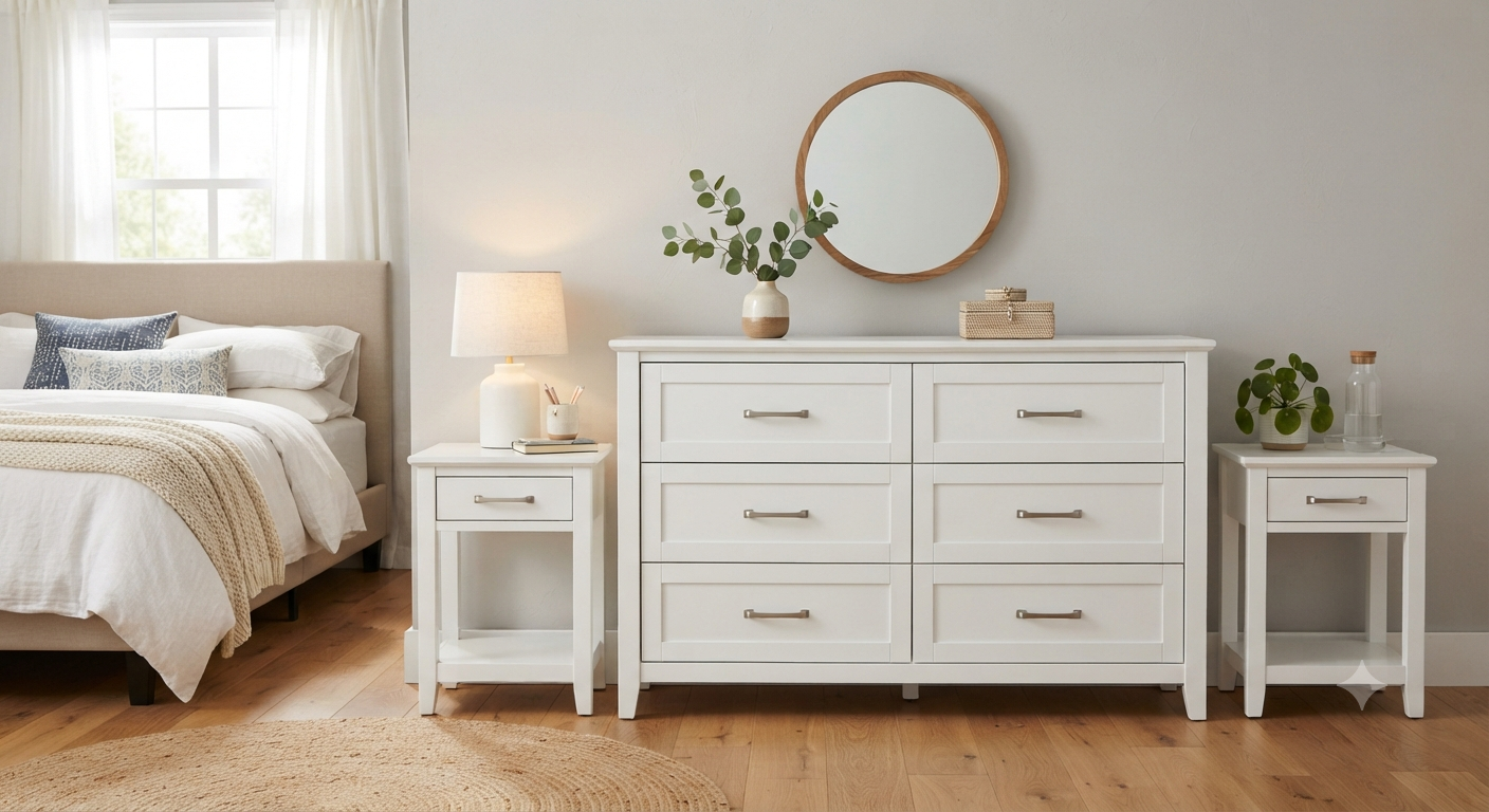 Bedroom Set with 6 Drawers, White