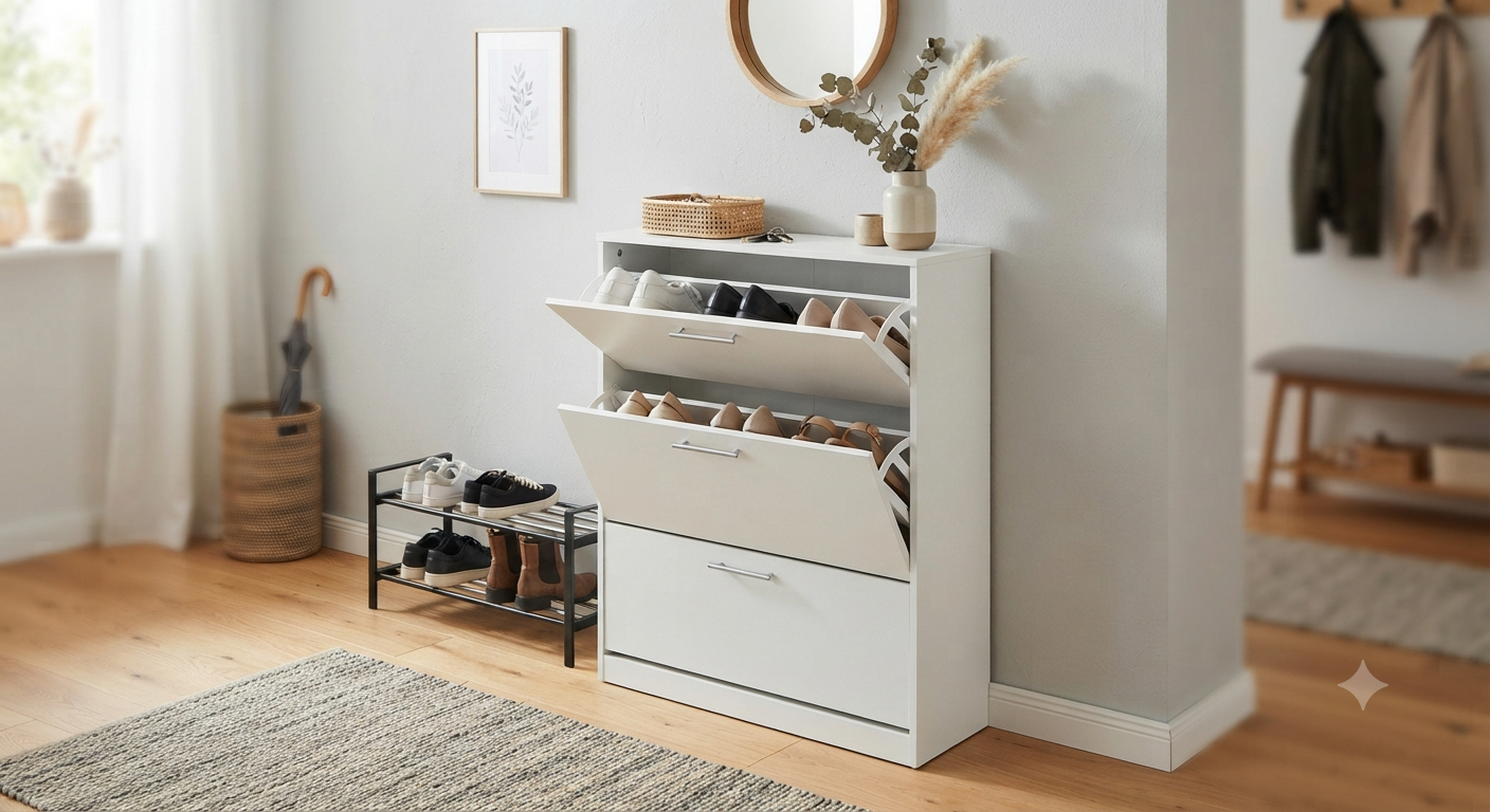 White Slim Flip Drawer Shoe Cabinet
