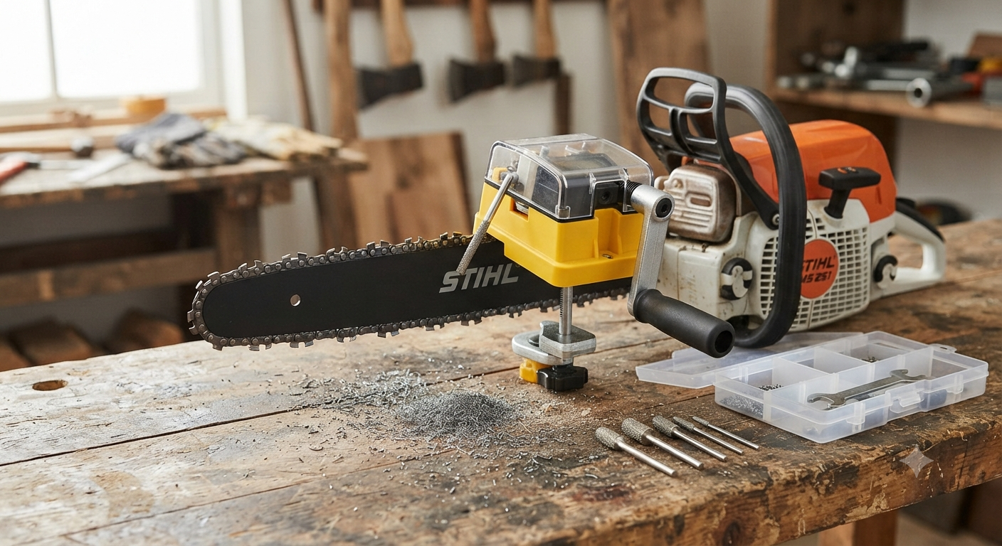 Chainsaw Sharpener Jig Kit Portable Hand Crank Chain Saw Sharpener Tool with 6 Sharpening Burrs