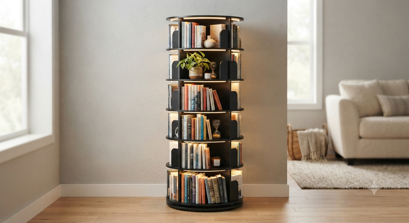 6 Tier Rotating Bookshelf Tower, 360° Black Spinning Bookshelf with LED Lights & 14" Lazy Susan for Small Spaces