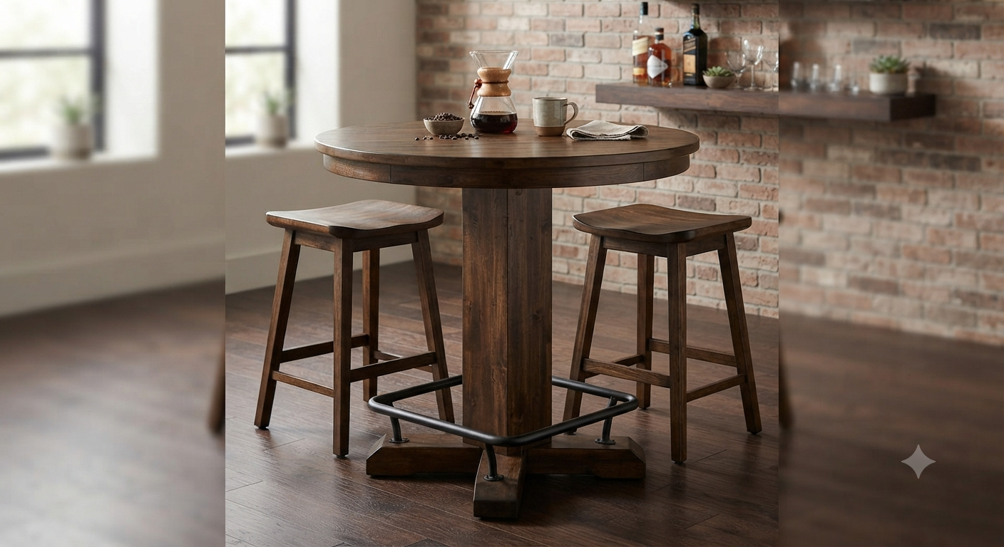 Dark Brown Solid Wood Bar Height Pub Table - Built-in Footrest