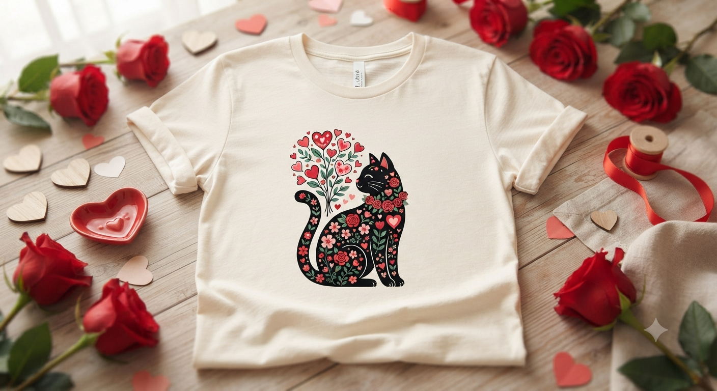 Floral Cat Valentines Shirt Women Womens Valentines T-Shirt Cat Lover Valentines Gift Tee Tops