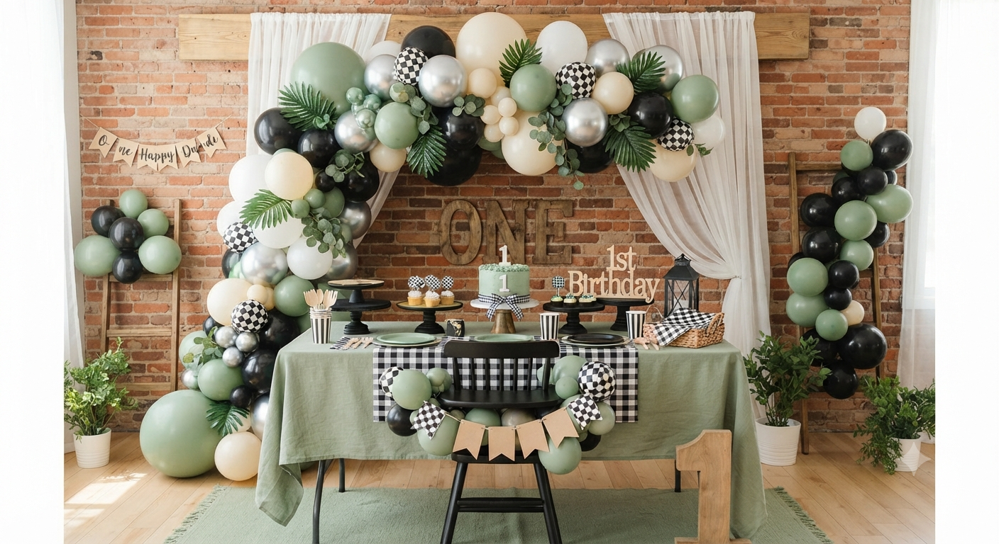 One Happy Dude 1st Birthday Decorations - Sage Green Black White Balloon Arch Kit